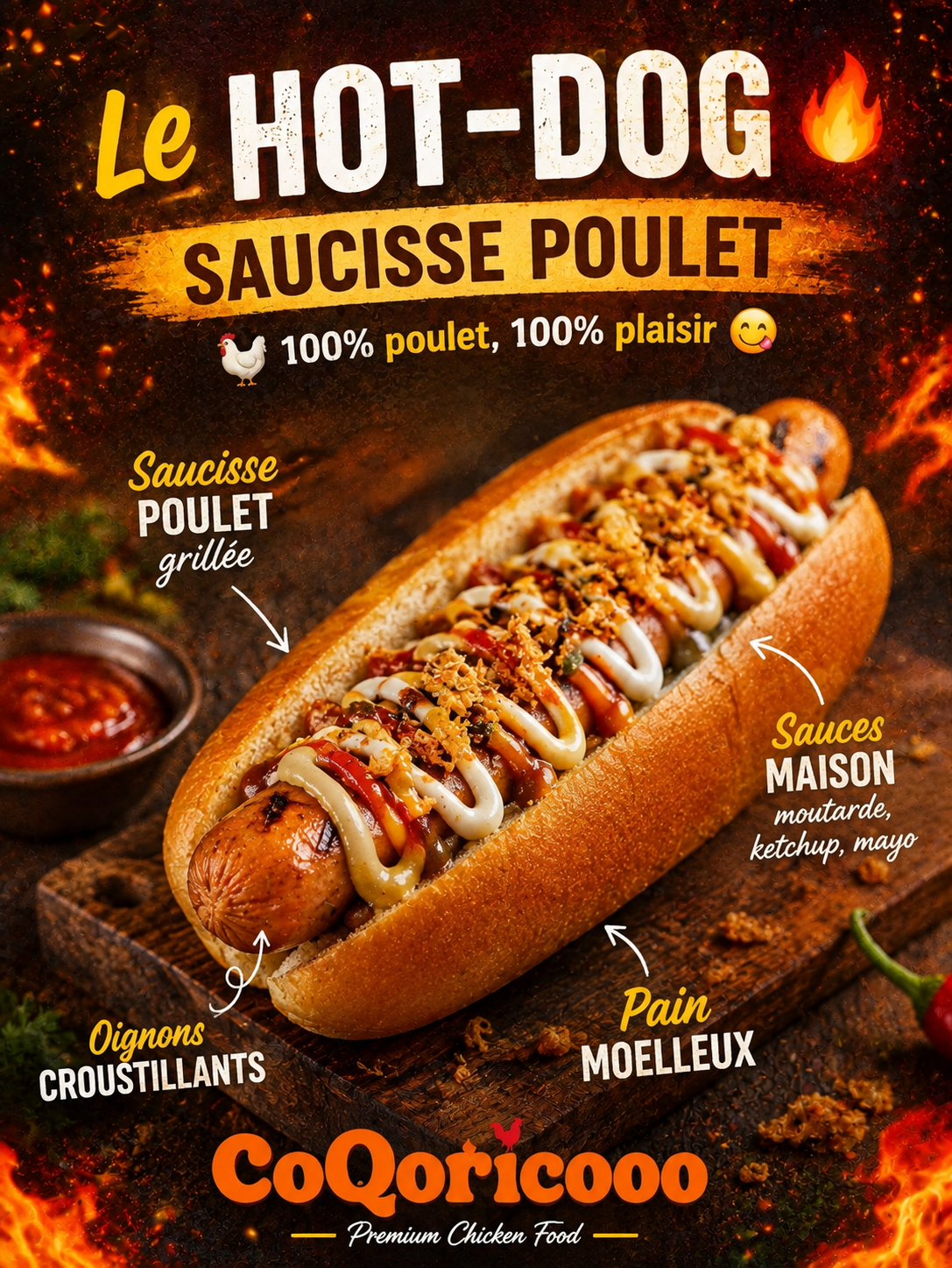Hot dog coQoricooo : saucisse poulet grillée, sauces maison