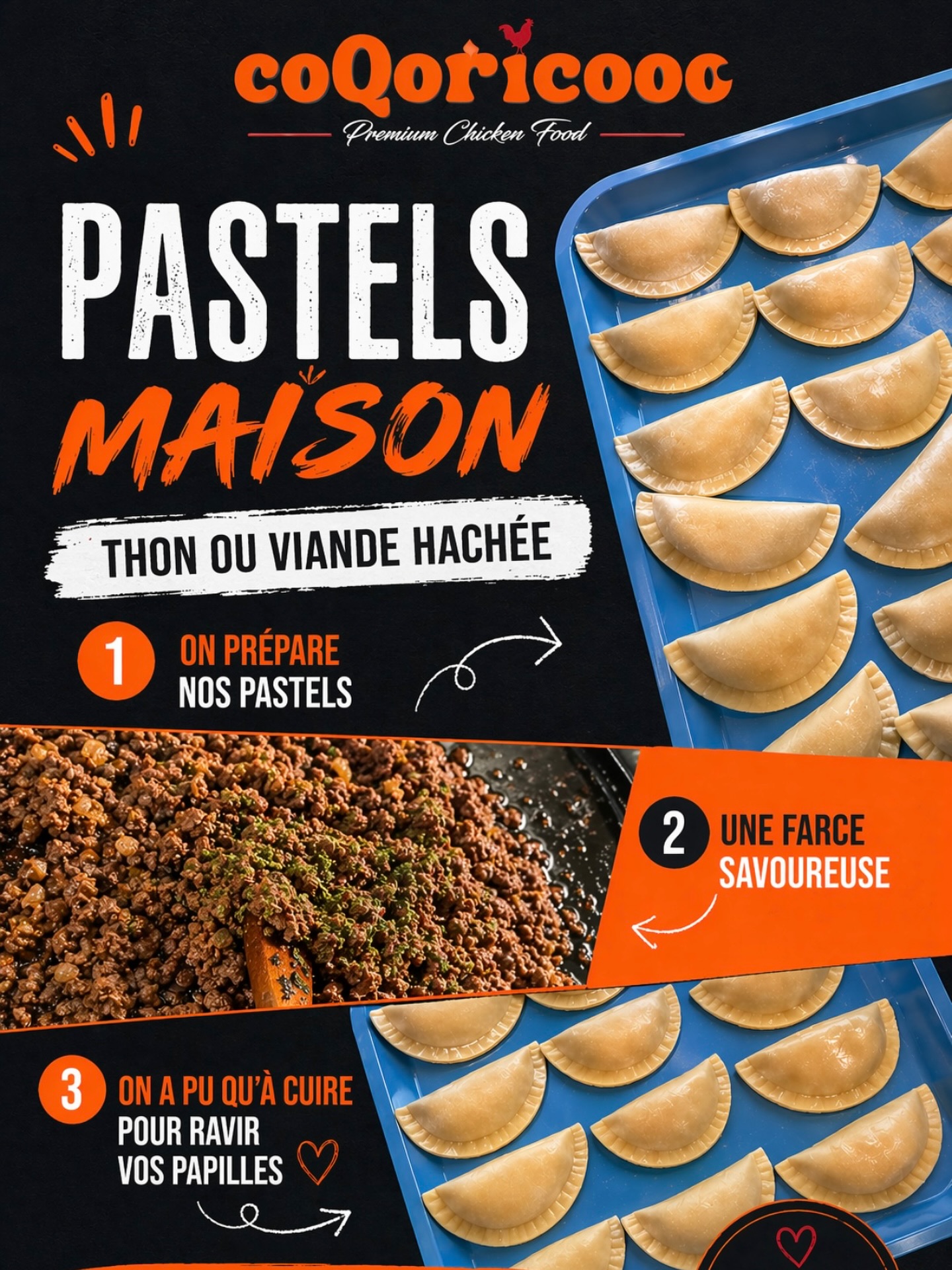 Affiche coQoricooo : pastels maison au thon ou à la viande hachée